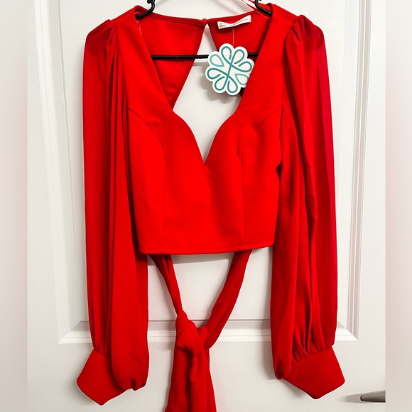 Red Sheer sleeve sweet heart crop top - Picture 1 of 3